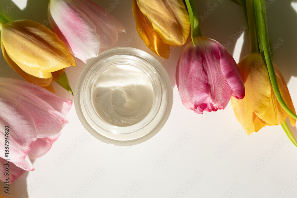 Closeup of a jar of moisturizer surrounded by tulips. Concept of spring skincare.