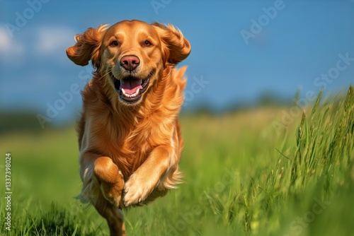 Happy Golden Retriever Running Through a Green Field on a Sunny Day