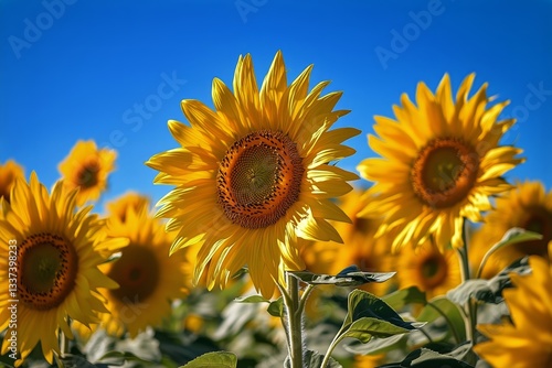 Vibrant Sunflowers Blooming Under Clear Blue Sky in a Vast Field During Brigh...
