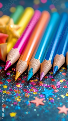 Colorful Pencils and Glitter Create a Vibrant Art Project Display on a Dark S...