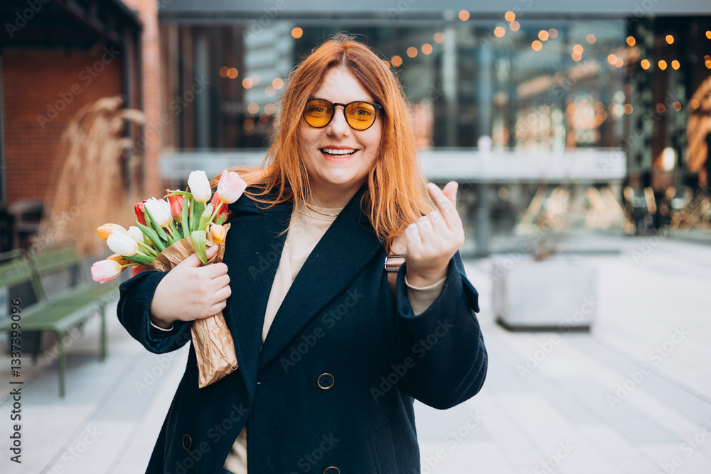 Female hand showing finger heart or mini heart gesture with the index finger and thumb come together like a snap outdoors. 30s Woman in sunglasses on urban background. High quality photo.