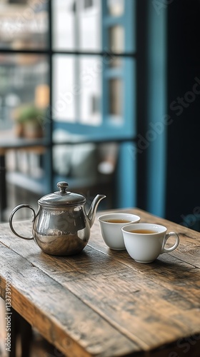 Sipping Tea From Traditional Cups Beside a Silver Teapot on a Wooden Table
