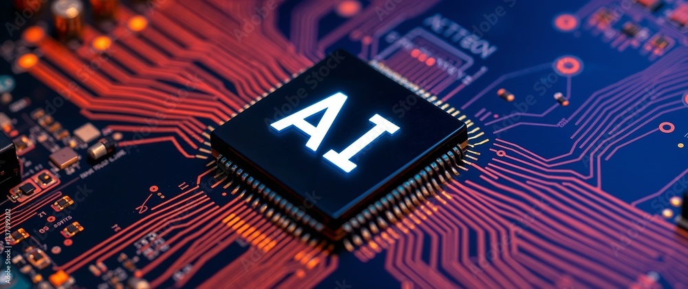 Futuristic artificial intelligence semiconductor on a motherboard. Generative AI