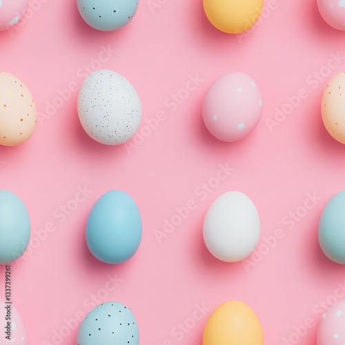 Seamless pastel easter eggs pattern on pink. Tileable background for fabric, textile, wrapping paper, scrapbook. Seamless easter background with pastel eggs, top view flat lay
