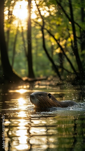 Otter Swimming in a Tranquil River During Golden Hour in Autumn Setting