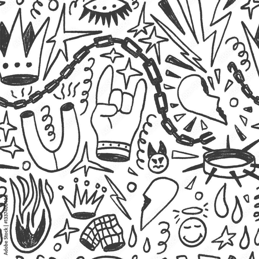 Fototapeta premium Girly rock and roll crayon seamless pattern. Graffiti doodle marker endless background. Naive hors, fire, crown repeat cover. Crayon continuous monochrome chain, magnet. Vector hand drawn illustration