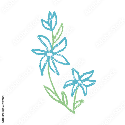 Wildflower brunch crayon drawn. Spring field plant doodle. Summer floral kids element. Chalk or pastel style childish scrawl nature shape. Vector illustration by pencil isolated on white background.