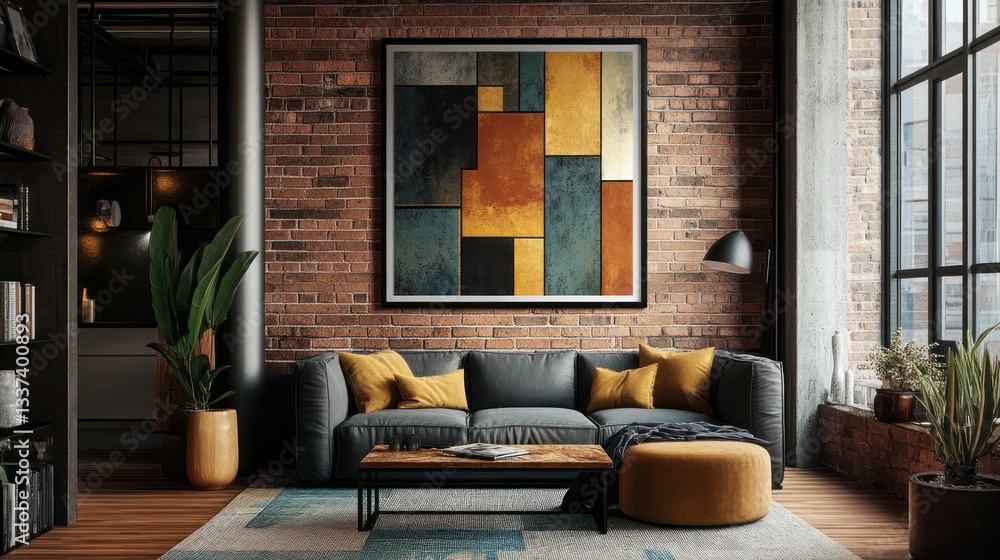 Fototapeta premium Modern apartment living room, brick wall, geometric art, cozy furniture, city view