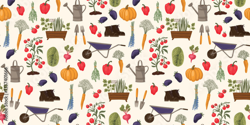 Gardening, vegetables, herbs, garden stuff. Seamless pattern. Vector design