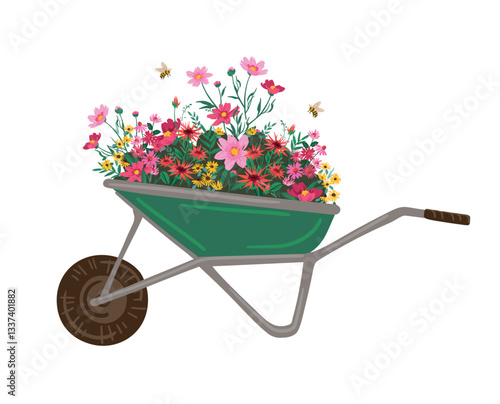 Garden wheelbarrow with flowers. Vector isolated illustration. Design element