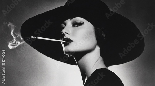 Timeless Black and White Vintage Portrait of Elegant Woman Smoking with Dramatic Lighting