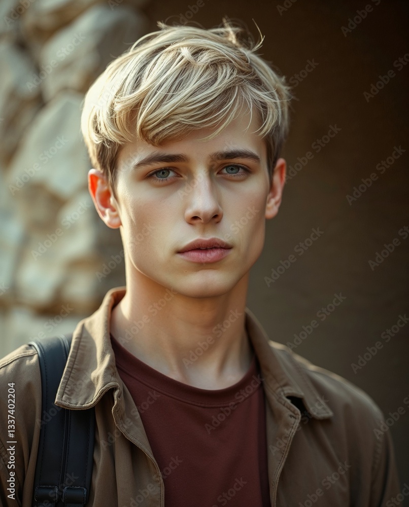 Portrait of a stylish young man with a serious expression, natural lighting. Generative AI