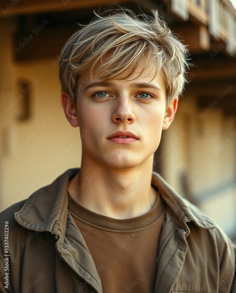 Young man with blonde hair and blue eyes standing outdoors in casual outfit. Generative AI