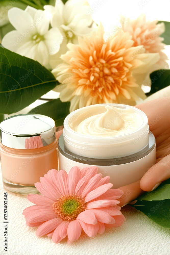 Beauty consultant demonstrates moisturizing cream application in a luxury cosmetics boutique Beauty consultant demonstrates moisturizing cream application in a luxury cosmetics boutique