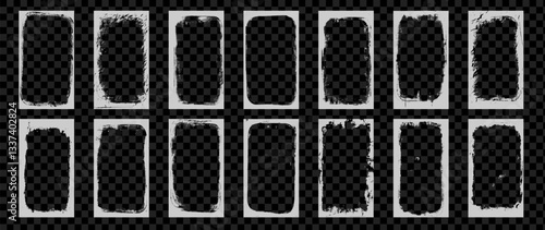 Photo grunge frames stories set template. Ink paint edges punk border for social media poster. Retro textured overlays. Rectangular old white backgrounds. Vector design illustration.