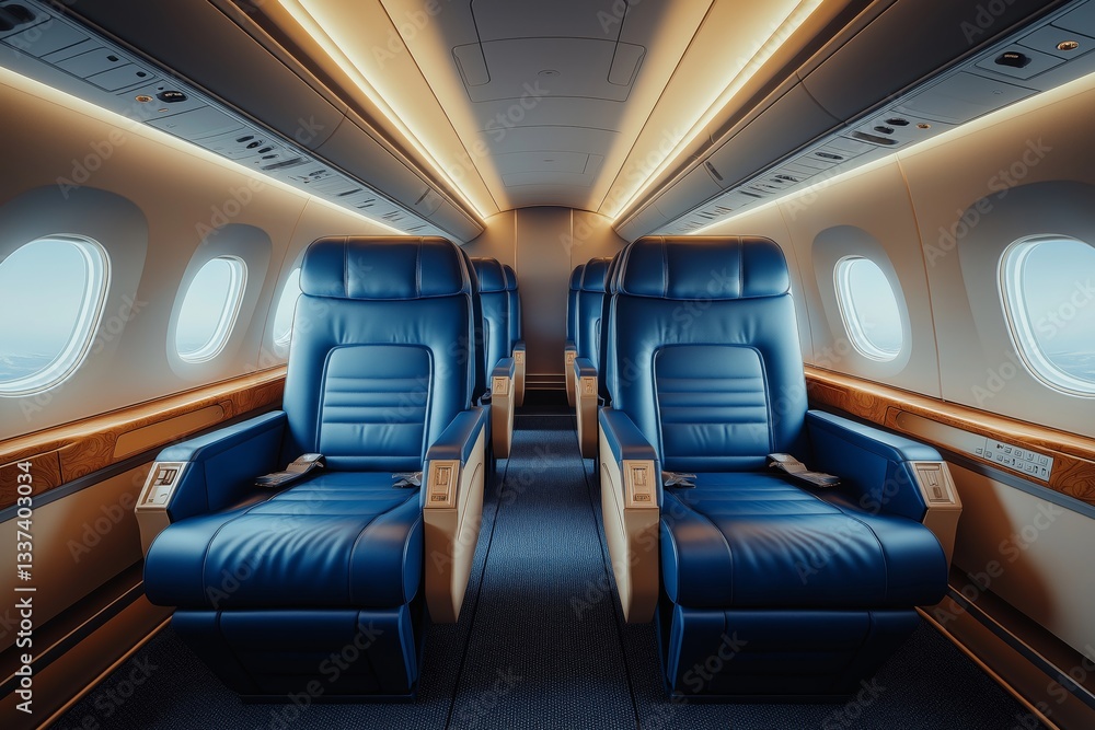 Luxurious first class business seats designed for vacation travel in a modern aircraft Luxurious first class business seats designed for vacation travel in a modern aircraft