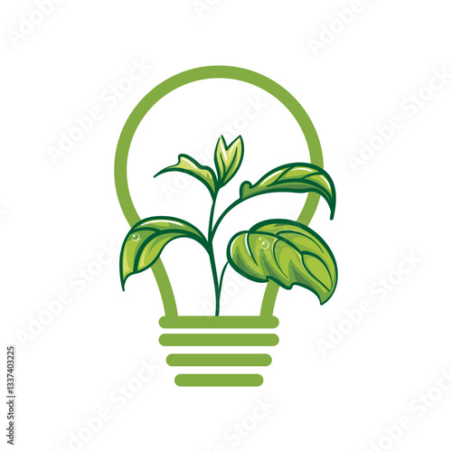 vector illustration of a light bulb containing a green plant inside, symbolizing the harmony between technology and nature. This design represents the concept of Renewable energy and sustainability.