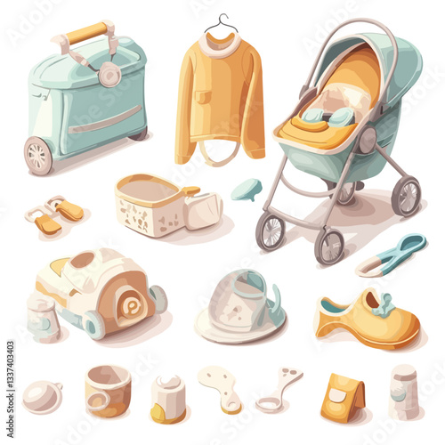 3D Baby Care Elements with Stroller, Toys, and Crockery - Vector Illustration
