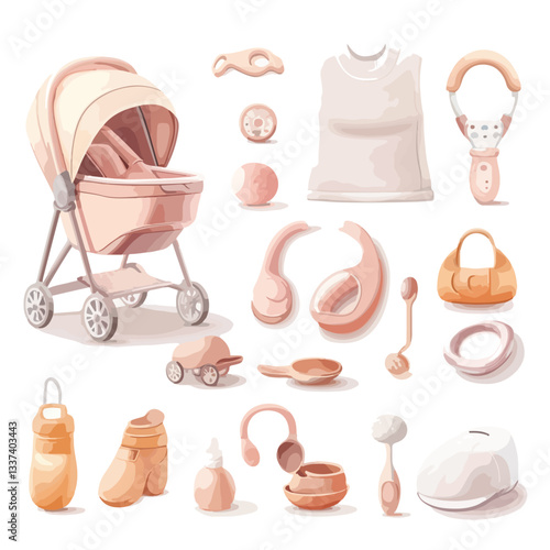3D Baby Care Elements with Stroller, Toys, and Crockery - Vector Illustration