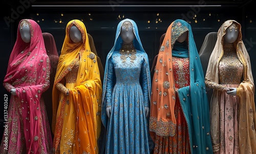 Five Mannequins Showcase Vibrant Traditional Dresses in Various Colors, Adorned with Intricate Embellishments and Matching Veils

