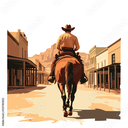 Cowboy Riding Horse: Western Style Back View