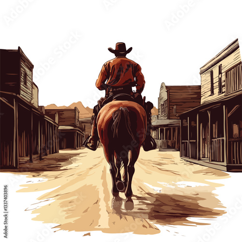 Cowboy Riding Horse: Western Style Back View