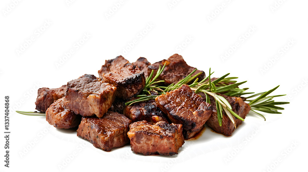 A pile of meat with some herbs on top. The meat is cooked and looks delicious. The herbs add a nice touch of color and flavor to the dish A pile of meat with some herbs on top. The meat is cooked and looks delicious. The herbs add a nice touch of color and flavor to the dish