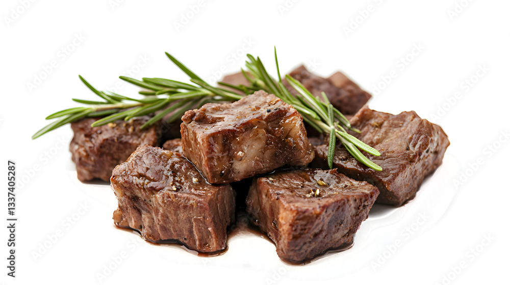 A plate of meat with rosemary on top. The meat is cut into small pieces and arranged on a white plate. The rosemary adds a pop of color and a fresh, herbaceous aroma to the dish A plate of meat with rosemary on top. The meat is cut into small pieces and arranged on a white plate. The rosemary adds a pop of color and a fresh, herbaceous aroma to the dish