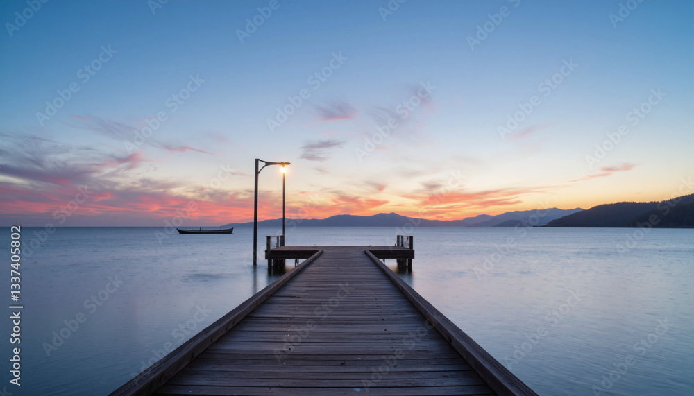 Serene fishing pier at dawn over calm sea, tranquil reflection