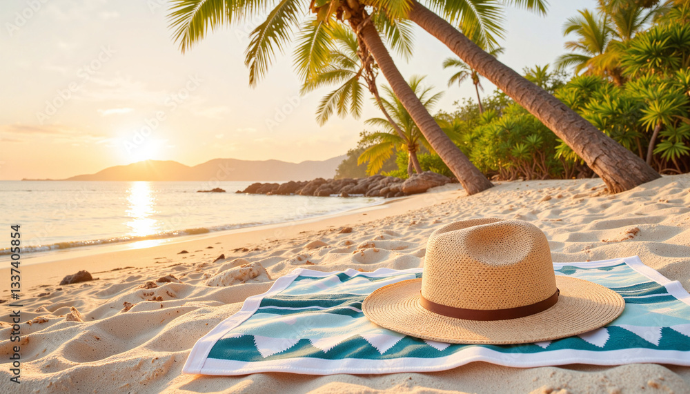Obraz premium Stylish straw hat on tropical beach towel at sunset, relaxation concept