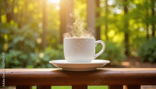 Steaming coffee cup on wooden porch at sunrise, morning serenity