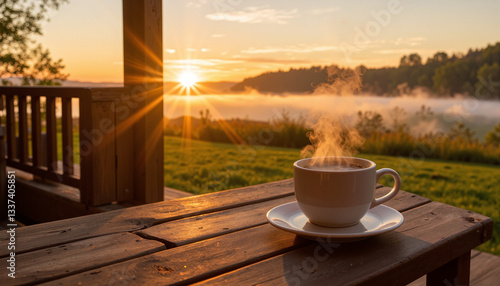 Serene coffee cup steaming on rustic porch at dawn, morning tranquility
