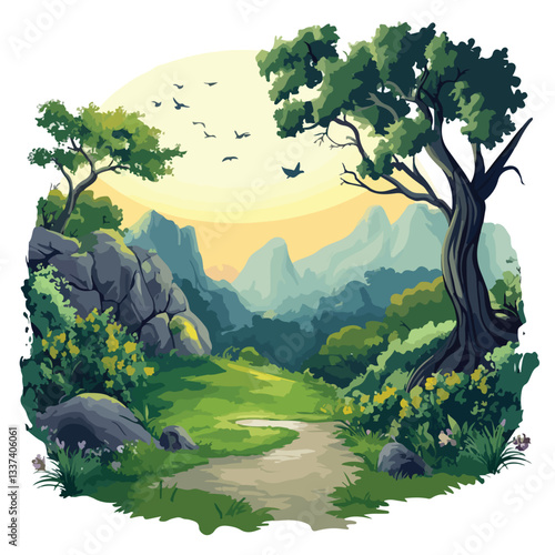 Enchanted Fantasy Landscape Vector Art