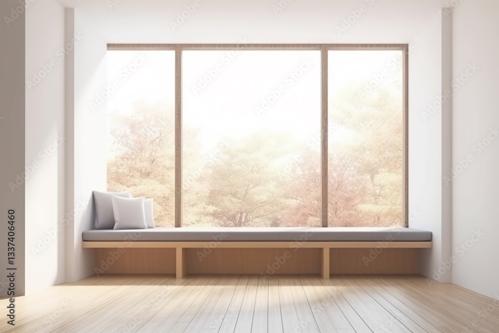 Serene Window Seat: A modern interior featuring a cozy window seat with pillows and a book, framed by a large window offering a view of lush trees and a bright day Serene Window Seat: A modern interior featuring a cozy window seat with pillows and a book, framed by a large window offering a view of lush trees and a bright day