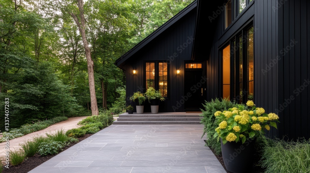 rustic home design, black-framed windows on a modern farmhouse with a cozy porch and potted plants, with space for text in the background rustic home design, black-framed windows on a modern farmhouse with a cozy porch and potted plants, with space for text in the background