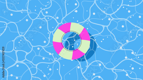 Summer tpp view swimming pool water with lifebuoy center background with copy space