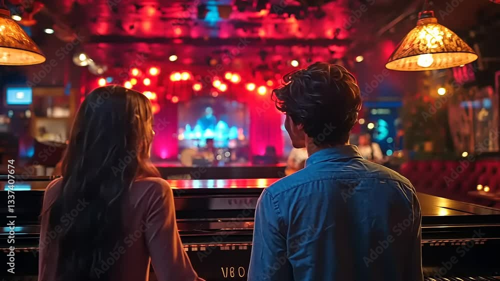 custom made wallpaper toronto digitalRomantic couple playing piano together in a vibrant jazz club with colorful lights and a lively atmosphere