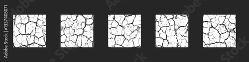 Cracked Dry Soil Surface Seamless Textures Bundle Vector Black White Abstract Background. Broken Textured Old Material Endless Grunge Abstraction. Grungy Distressed Texture Continuous Natural Pattern
