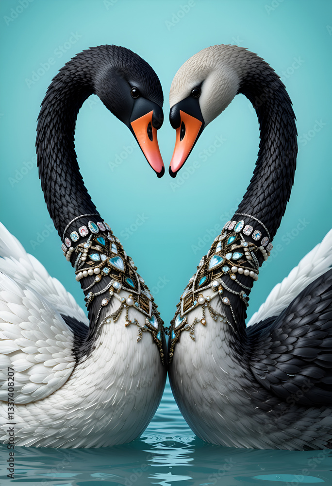 portrait of beautiful black and white swans in diamond presious necklace forming heart shape against turquoise background. Digital art. Ai generated