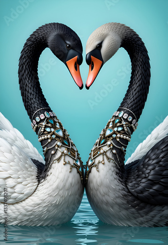 Obraz na płótnie portrait of beautiful black and white swans in diamond presious necklace forming heart shape against turquoise background. Digital art. Ai generated w salonie
