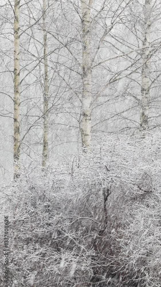 The heavy snowfall in a wild park, winter fairy tale in the forest, snow-covered tree branches, large flakes of snow are slowly falling, nobody, snow storm, blizzard The heavy snowfall in a wild park, winter fairy tale in the forest, snow-covered tree branches, large flakes of snow are slowly falling, nobody, snow storm, blizzard