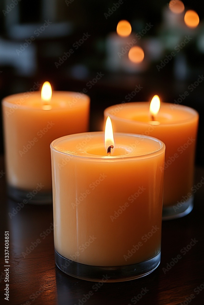 Three lit candles on a wooden table Three lit candles on a wooden table