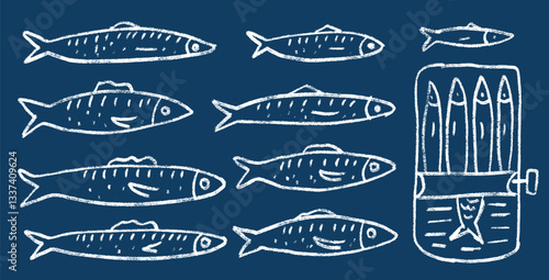 Sardines line doodle set. Canned fish hand drawn scribble. tinned fishes. Open sardine tin. Vector conserve eat illustration by pencil isolated on dark blue background. Crayon or chalk naive seafood.