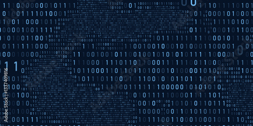 Abstract binary code cloud background. AI learning on data cyber field. Futuristic digital technology.