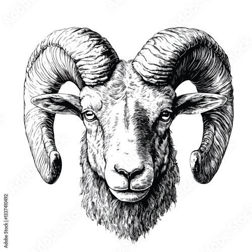 Majestic Bighorn Horned Ram Sheep Head Illustration