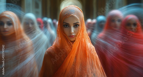 Group of Women in Brightly Colored Scarves, Captured in Motion, Creating Fluidity and Unity


