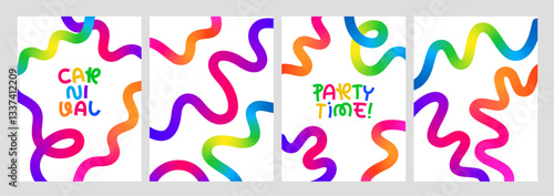 Color Lines with Gradient. Abstract Backgrounds with Vector Wavy Shapes. Carnival and Celebration Posters with Squiggle Rainbow Confetti