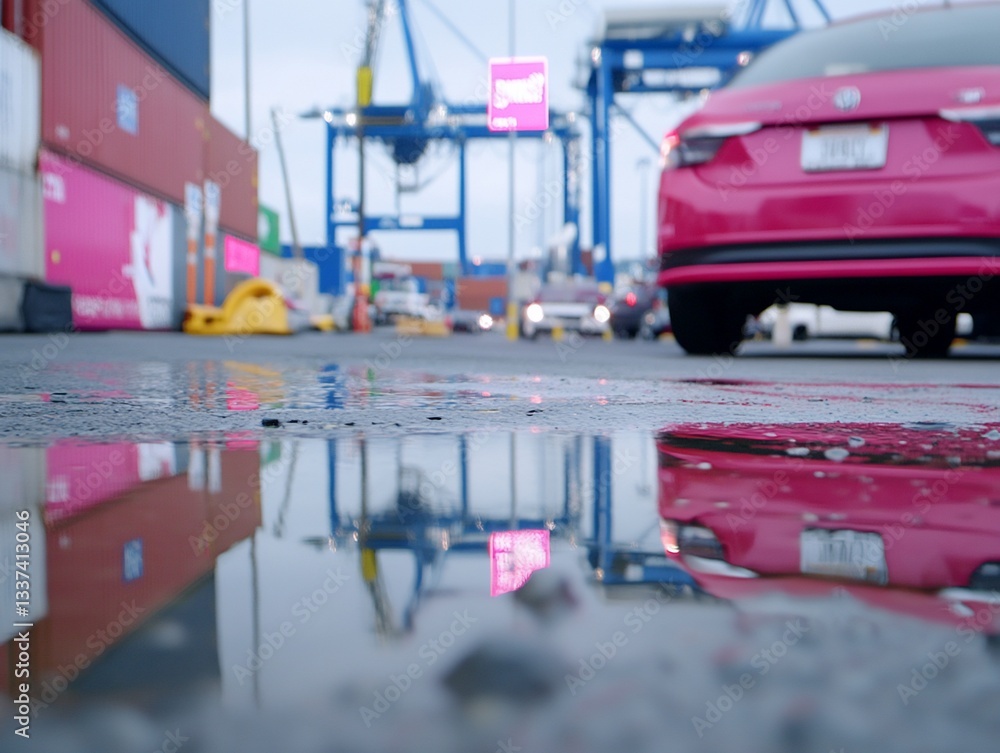 Fototapeta premium Red Car at Port Global Trade Logistics