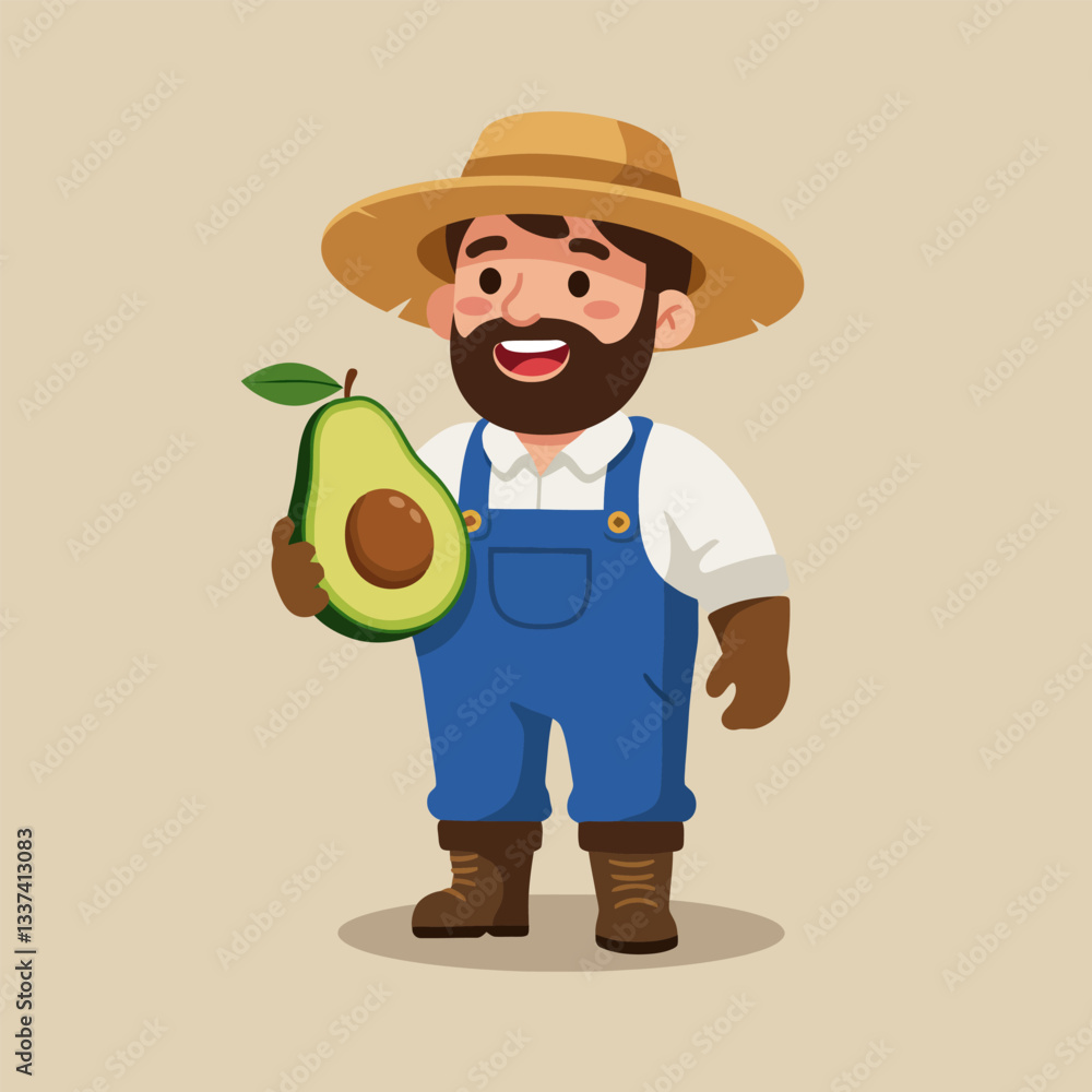 Farmer Holding Avocado Half with Seed Smiling Wearing Overalls and Hat Farmer Holding Avocado Half with Seed Smiling Wearing Overalls and Hat