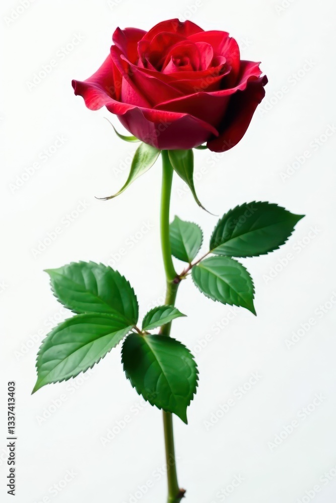 Obraz premium Single dark red rose, vibrant green leaves, clean white background, detail, still life